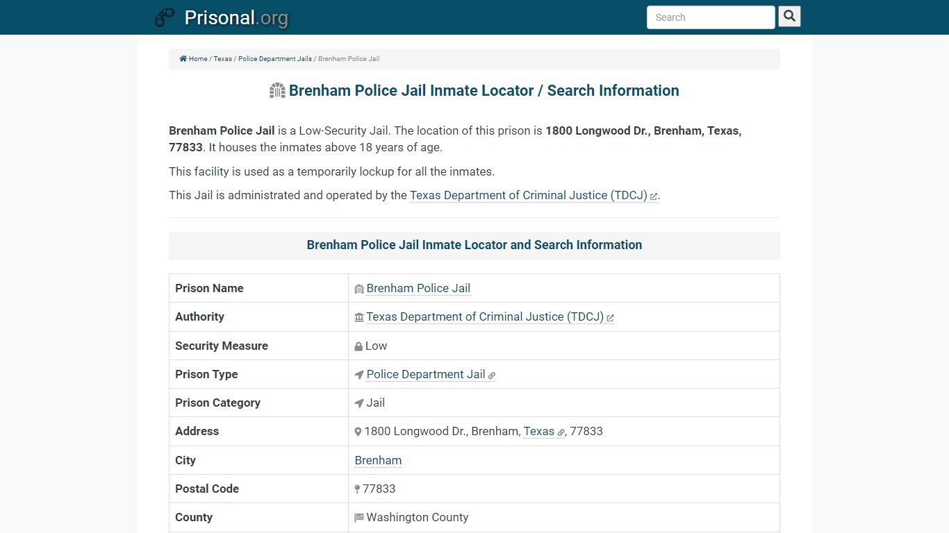 Brenham Police Jail Inmate Locator / Search Information